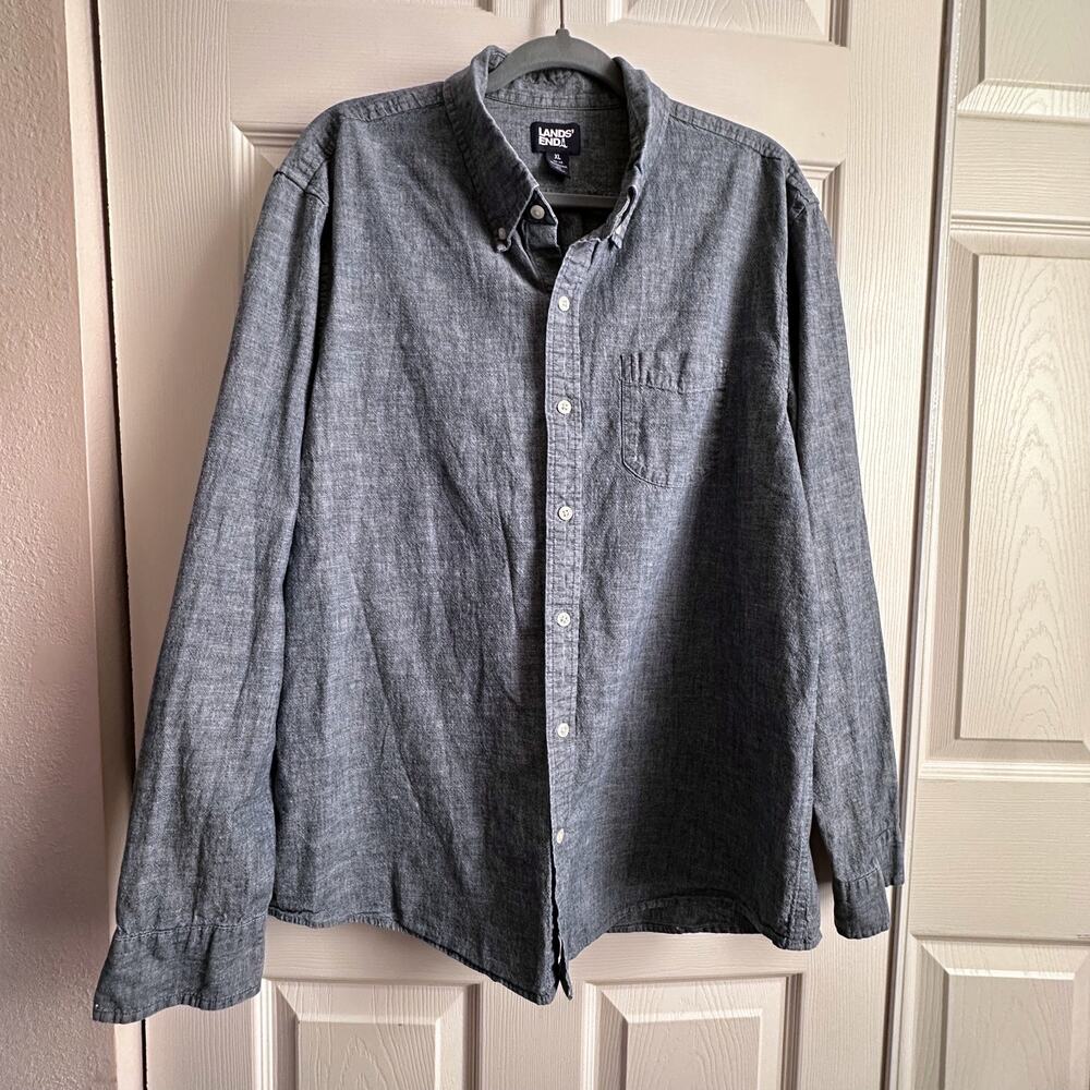 Mens XL Lands End Chambray Woven Button Down Shirt Long Sleeve Traditional Fit